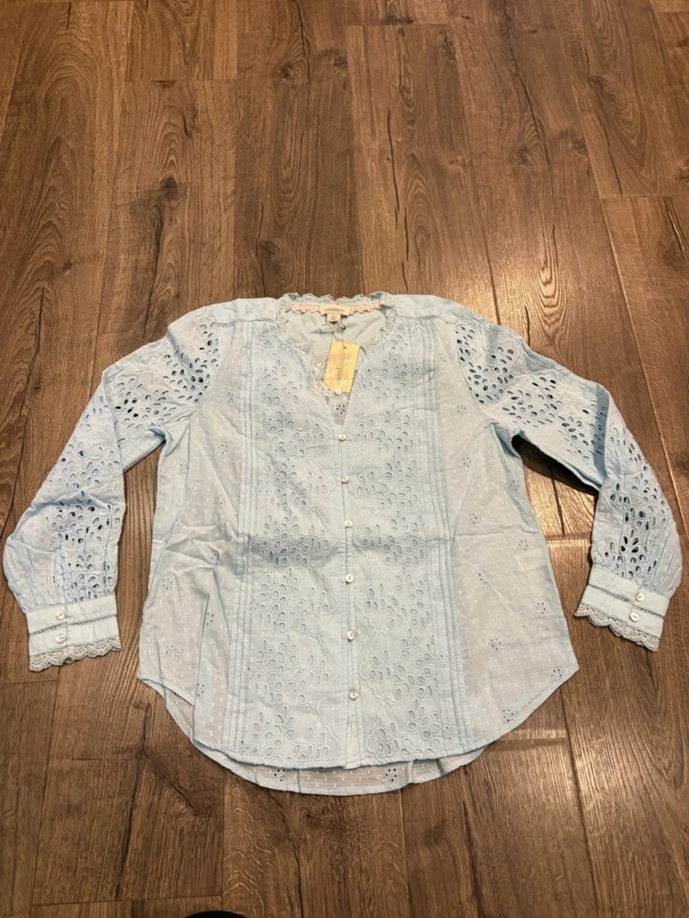 Sundance Valeria Eyelet Floral Aqua Button Up Shirt PS Boho Prairie Cottagecore - Picture 8 of 10